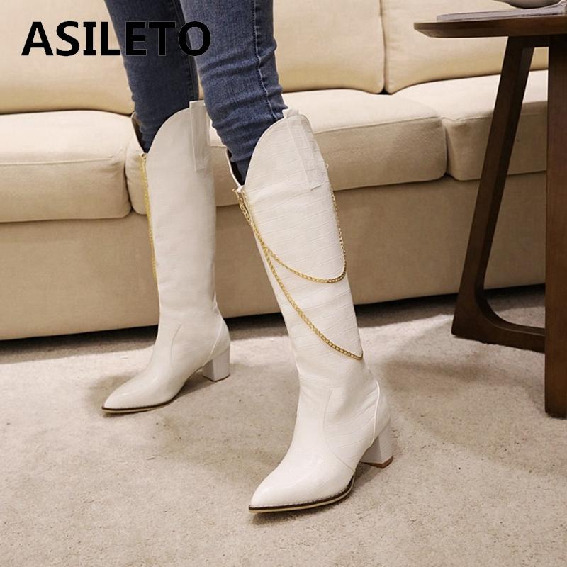 

ASILETO Winter Cowboy Knee-high Boots Pointed Toe 6cm Chunky Heel PU Slip-on Solid Chains Big Size 35-48 Green Work C2048