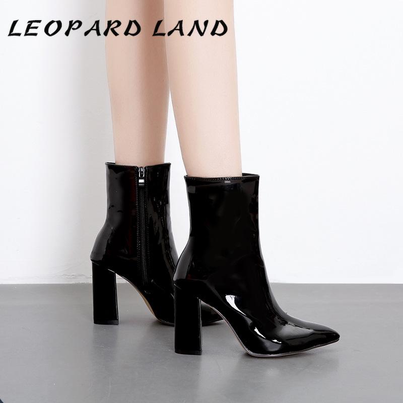 

LEOPARD LAND Lacquered Leather Fabric Pointed Thick Heelhigh-heeled Zippered Knight Boots Winter Boots Combat Women WBL, Black