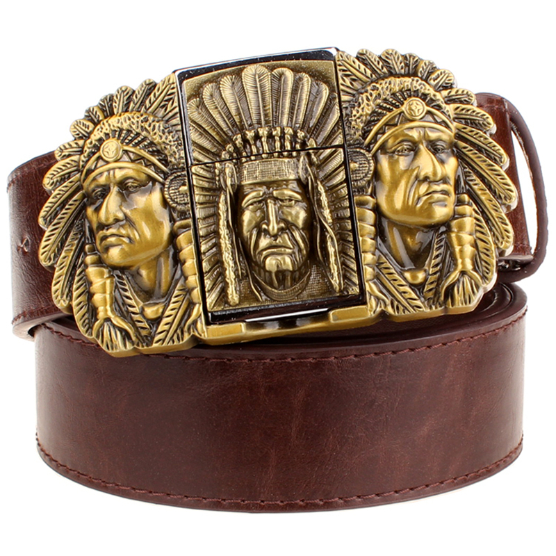 

Fashion male leather belt lighter buckle belts Kerosene lighter belt punk rock style indians eagle show belt gift for men 201112, Black