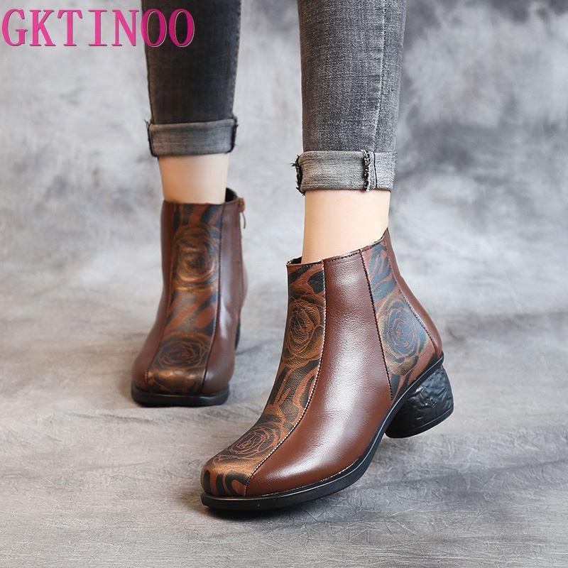 

GKTINOO 2020 Winter Shoes Women Boots Fashion Elegant Embossed Genuine Leather Boots Side Zipper Thick with High Heels 5cm, 8858 brown