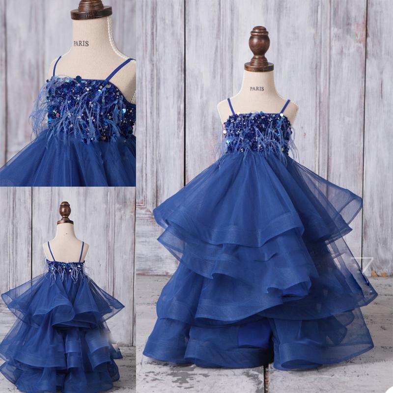 

Blue Sequins Flower Girl Dresses with Feathers Cutom Made Girls Dress Tiered Net Skirts vestidos de desfile, Orange