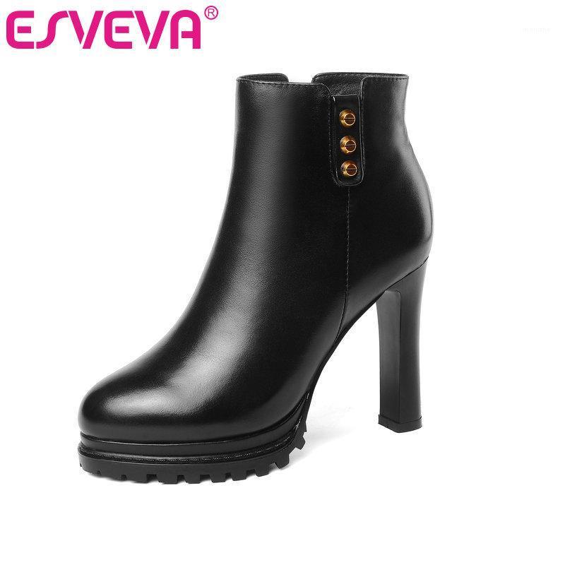 

ESVEVA 2020 Women Shoes Winter Ankle Boots Super Square High Heel PU+Leather Pointed Toe Motorcycle Platform Boots Size 34-391, Black