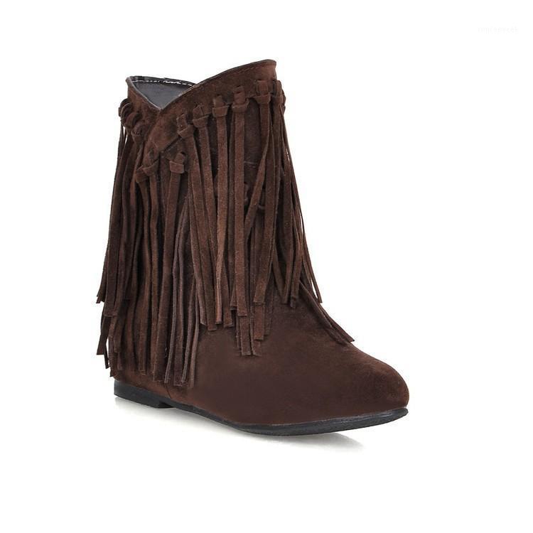 

2020 Korean Woman Winter Fringe Ankle Boots Increased Internal Round Toe Flat Heel Cowgirl Chunky Boots For Women Suede Shoes1, As picture