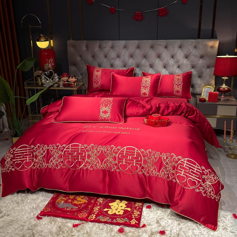 

Red Wedding Embroidery 60S Satin Washed Silk Bedding Set Cotton Duvet Cover Bed Linen Fitted Sheet Pillowcases Bedclothes