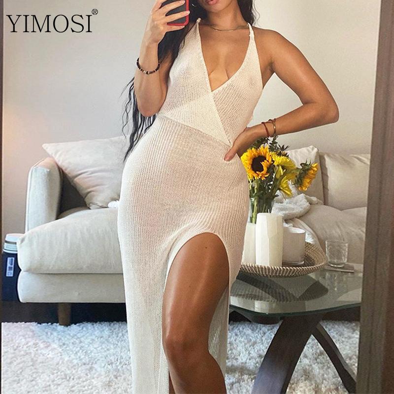 

2021 Spring Summer Crochet Beach Maxi Dress See Through Plunge Backless Bandage Dress Ladies Sleeveless Lacing Split Long, Ng2480 black