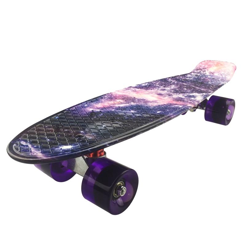 

New Sale Skateboard Mini Cruiser Board 22 inch X 6 inch Retro Longboard Skate Long Board Graphic Galaxy Purple, Multi