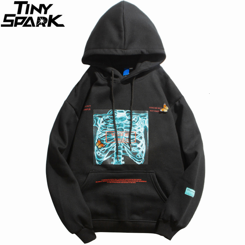 

2020 Mens Streetwear Hooded Pullover Chest Skeleton Printed Sweatshirt Hoodie Cotton Fleece Khaki New Pullover Sweatshirt, A93y6036 black