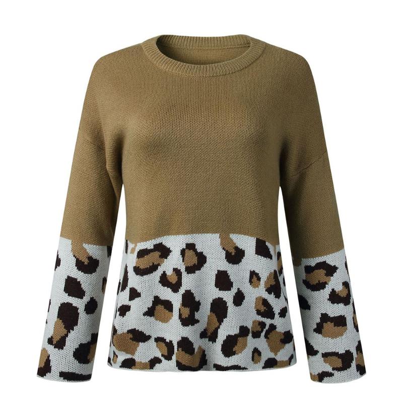 

Leopard Knitted Sweater Patchwork Europe And America White Coffee Round O Neck Long Sleeve Design Soft Warm Basis Pullovers 2021, Khaki