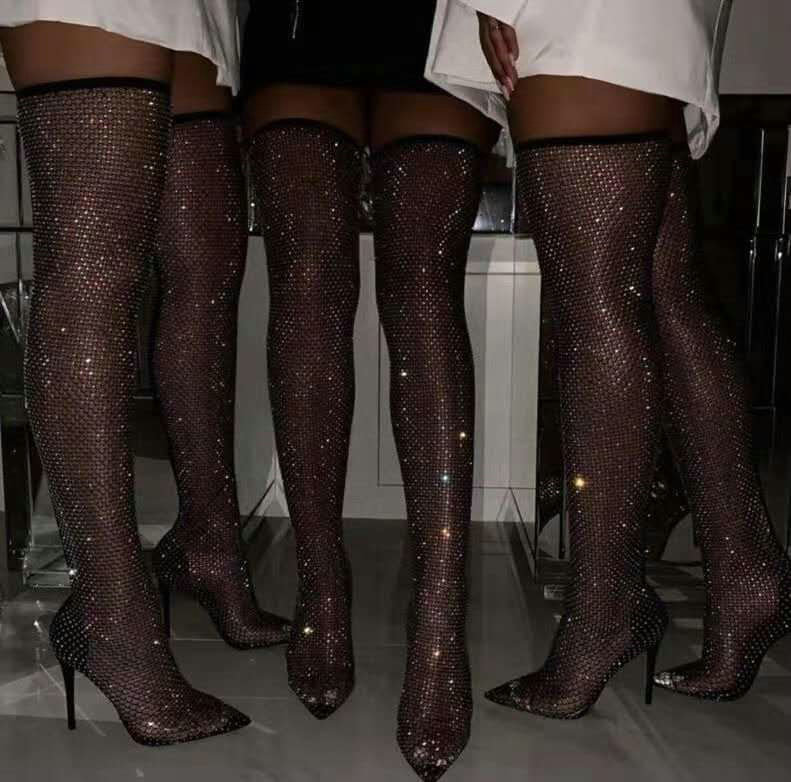 

Brand New Mesh Net Bling Crystal Women Shoes Woman Summer Over The Knee Boot Thin High Heels Sexy Party Sandals Female, Black