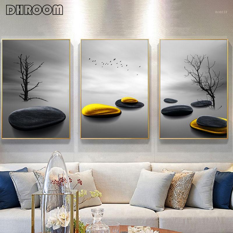 

Modern Minimalist Landscape Prints Trees and Birds Poster Nordic Golden Stone Canvas Painting Wall Art Picture Living Room Decor1