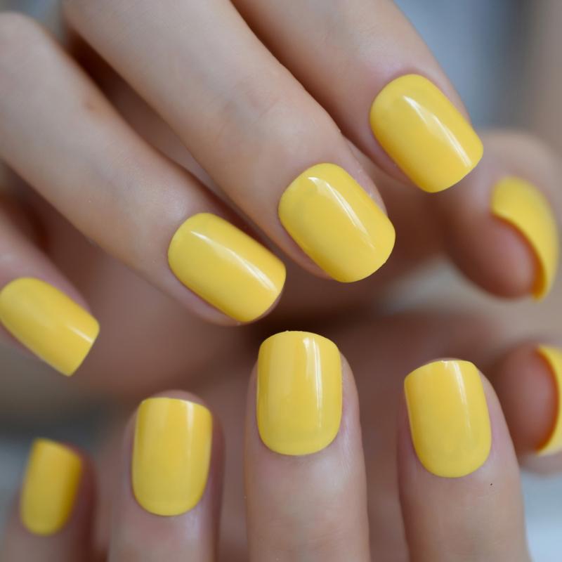 

Glossy Neon Yellow Press on False Nails Short Squoval UV Full Cover Fake Fingersnails Extention Tool Easy Wear 24pcs/set, L5446