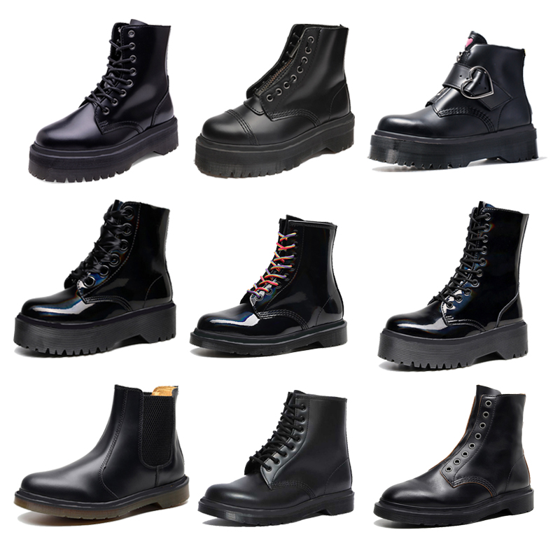 

Hot Sale- Black short winter women ankle boots round toe real leather lace-up zipper platform designer martin booties femmes, Front zipper black