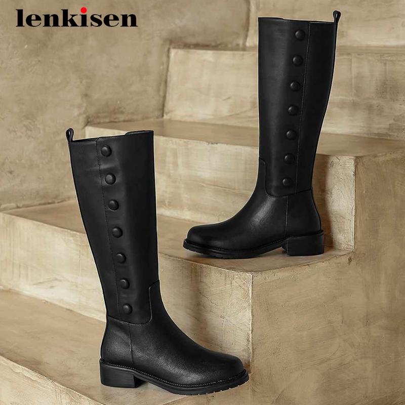 

Lenkisen equestrian boots natural leather button simple preppy round toe thick med heel zipper comfortable knee-high boots L68, Black