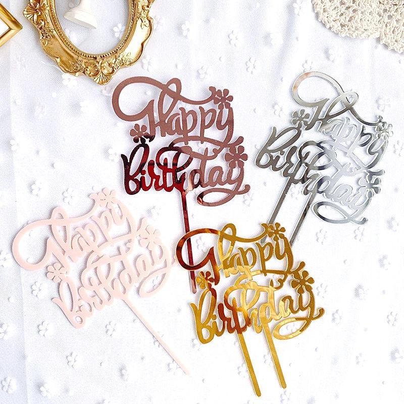 

New Birthday Cake Topper Happy Birthday Cake Flag Acrylic wedding Dessert Table Toppers Baby Shower Party Baking decoration1