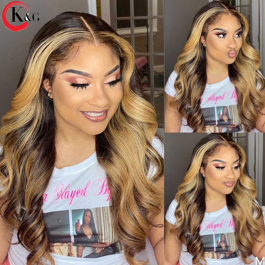

KUNGANG Highlight T-part Middle Part Lace Front Human Hair Wigs Wave 150% Density Lace Wigs With Baby Hair Ratio Non-Remy, As pic