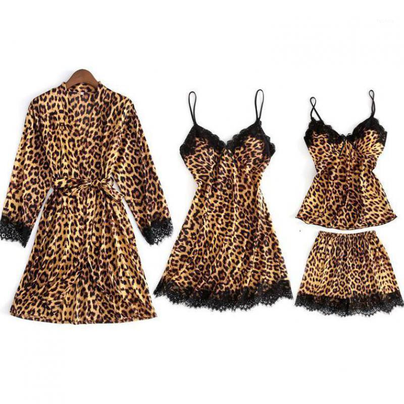

Summer Satin Robe Set Women 4PCS Sleepwear Lepoard Kimono Gown Female Lace Sleep Set Casual Intimate Lingerie Home Wear1, Beige