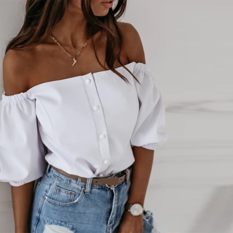 

Dabourfeel Elegant Off Shoulder Sexy Blouse Women Lantern Sleeve Tops Fashion Shirts Office Lady Button Down Blouses Autumn New 201201, White