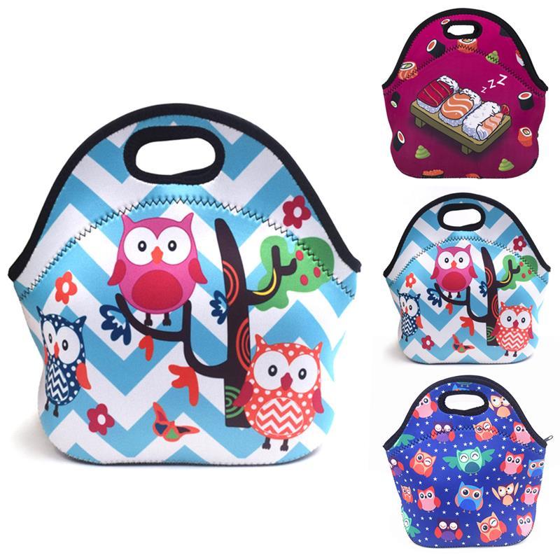 

New Neoprene Lunch Bag For Women Owl Pattern Lunch Bags Picnic Handbag with Tableware Pocket Children Snacks for Women Kids C0125