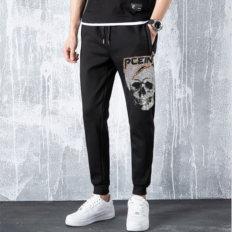 

2021 New Cotton Hot Drill Trousers Rhinestones Pants Men Solids Sweatpants Mkd5, As shown