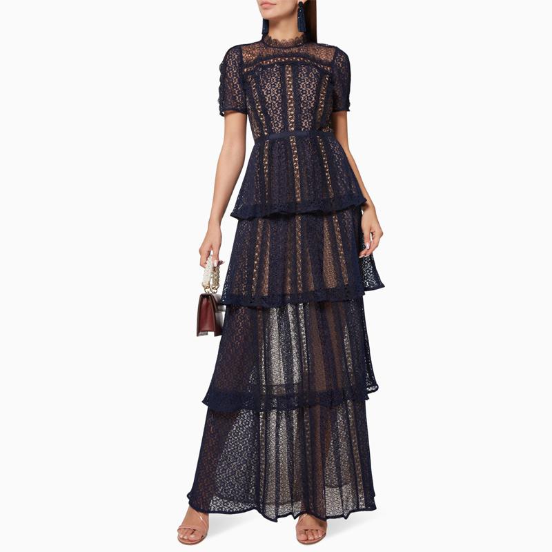 

2020 New Style Women Lace Dress Ruffled Hollow Out Stitching Ladies Long Dress Round Neck Short Sleeve Female Party, Dark blue