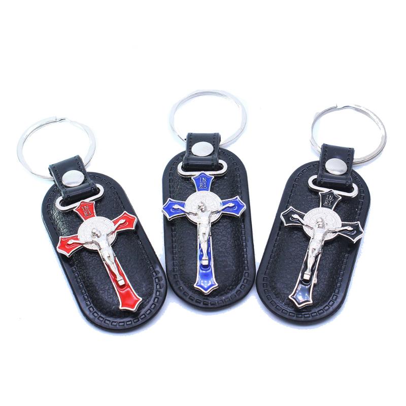 

Jesus Cross Keychain Leater Utensils Cross Keyring Catholic Relics Keychains