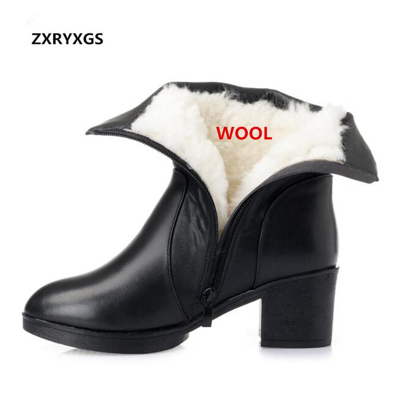 

100% Natural Full Wool Full Cowhide Leather Boots for Women Shoes Boots Plus Size Winter Snow Fashion Knight, Black