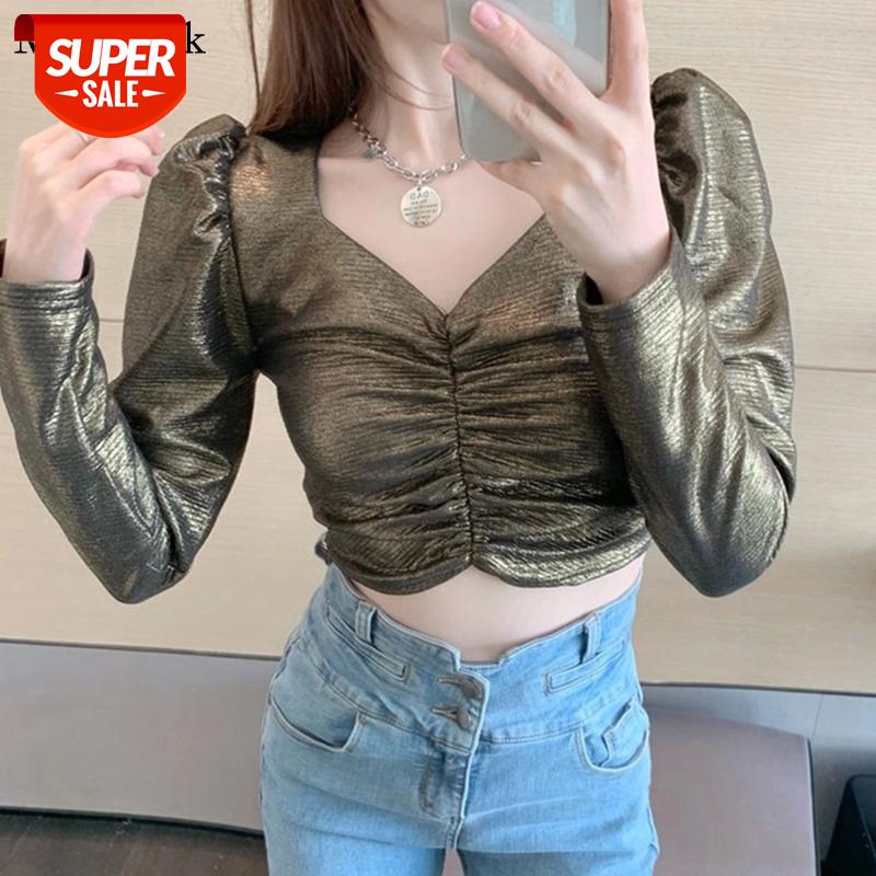 

New Spring Short Sexy Shirts Blouses Puff Sleeve Pleated White Blouse Women V-Neck Solid Casual Female Shirt Tops Blusas 12961 #yT5b