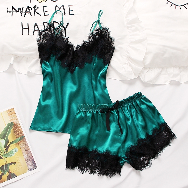 

Womens Silk Sleepwear Satin Cami Shorts Sleep Lounge Pajama Set Sexy Nighty Pajama Sets Lace Lingerie Pyjama Femme S-2XL T200701, Navy blue