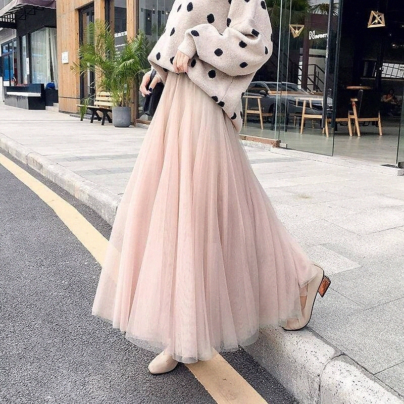 Women's Preppy Long Skirts Birthday Party Festival Solid Colored Chiffon Blushing Pink Black Camel One-Size f2Ez#