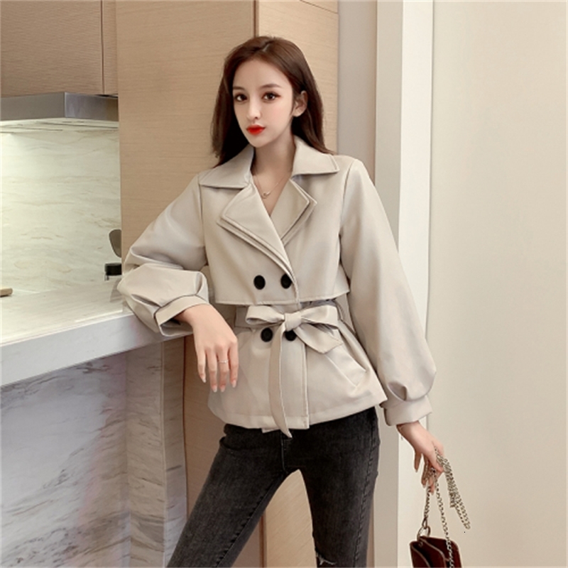 

Spring Autumn Big Button Double-breasted Loose Belt Collar Outerwear Female Plutonium Lady Jacket B7lq, Beige