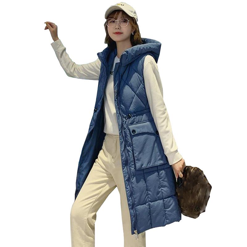 

2020 New Winter Thick Warm Down Cotton Vest Women Hooded Slim sleeveless Jacket Long Vest Coat plus size Waistcoat veste femme, Black