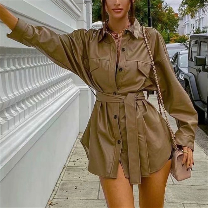 

2021 New Streetwear Women Brown Faux Leather Jacket Fashion Ladies Turn Down Collar Coats Elegant Female Chic Button Sashes Coat 8efj