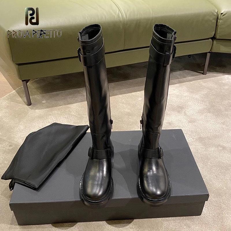 

2020 Winter Autumn Leather Belt Buckle Black Long Boots Women's New Fashion All-match Side Zipper Round Head Flat Casual Boots, Black long tube