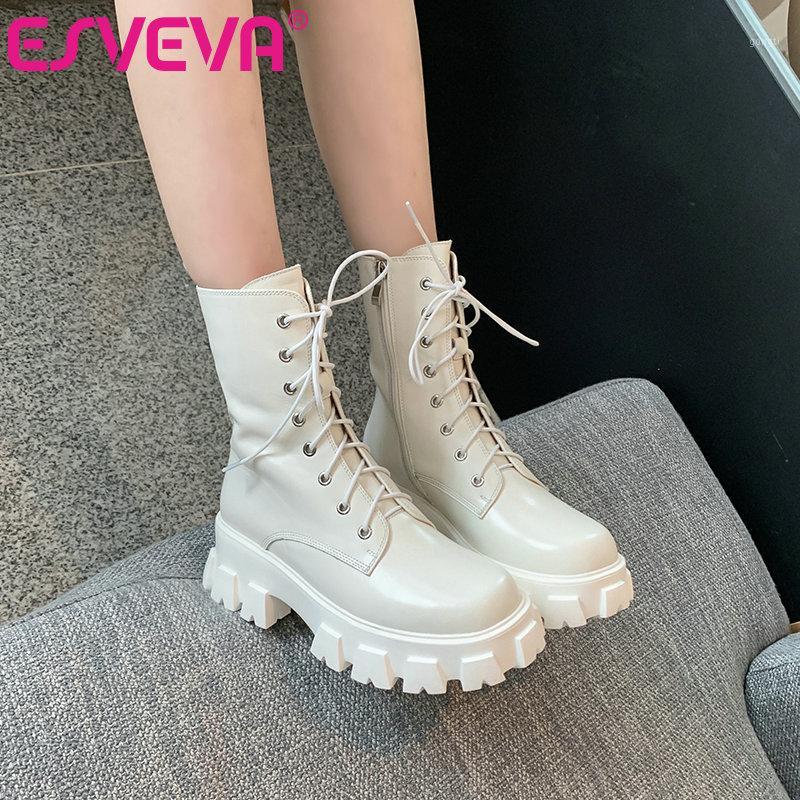 

ESVEVA 2021 Elegant Round Toe Square Med Heel PU+Leather Ankle Boots Women Boots Shoes Western Style Black Size 34-391, Beige