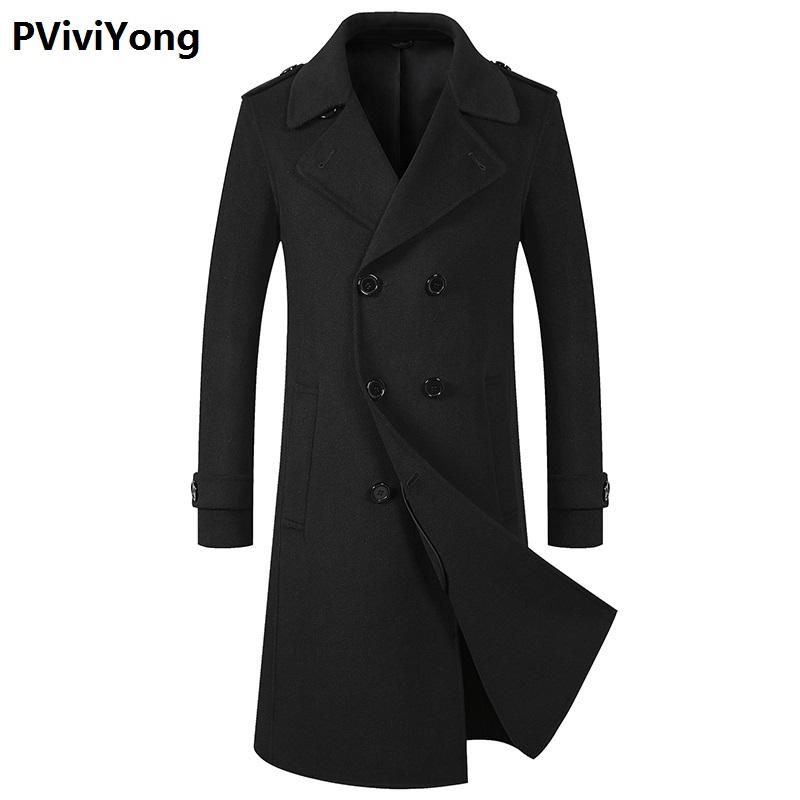 

PViviYong 2020 new arrival winter high quality wool trench coat men, double breasted Double sided turn-down collar jackets 8098, Black