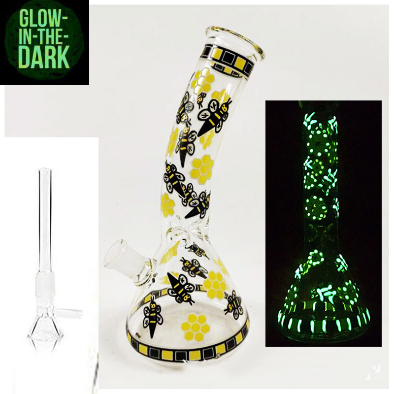 

hot sale Glow In The Dark Glass Beaker Bong Smoking Glass Pipes Recycler Dab Rigs Water Bongs With 14mm Bowl