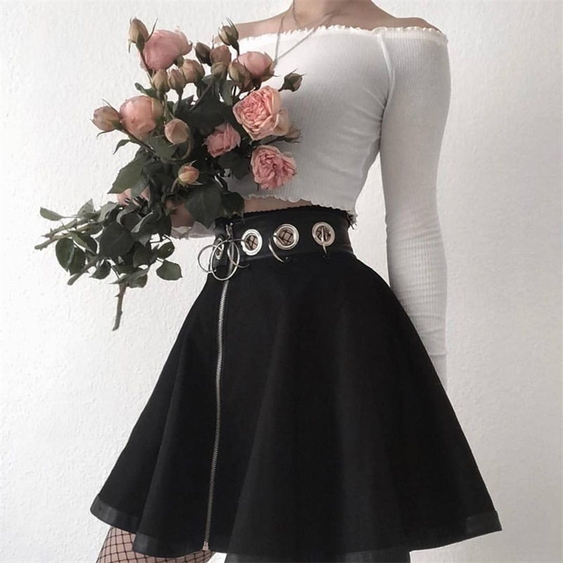 

InstaHot Gothic Punk Zip Up Black Skirts Women Autumn Ring High Waist Pleated Winter Mini Skirt Female Bottom Sexy Christmas Y200326