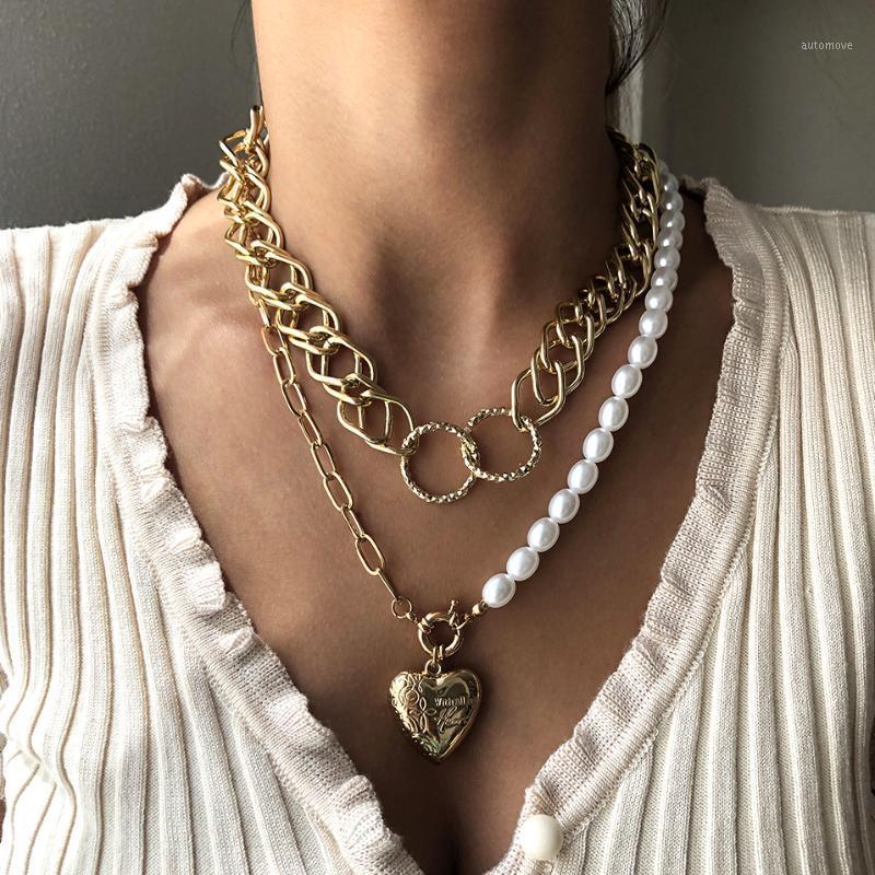 

2Pcs Baroque Pearl Choker Necklace for Women Steampunk Gothic Chain Heart Pedant Necklace HipHop Chunky Chain Jewelry1