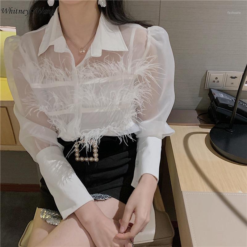 

Women's Blouses & Shirts WHITNEY WANG 2021 Spring Fashion Elegant Sexy See Through Feathers Blouse Women Blusas Shirt Tops Ladies Blusa1, Black