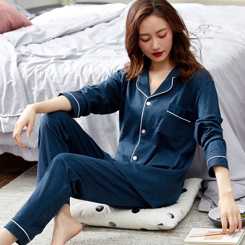 Winter 100% Cotton Pajama for Women PJ Full Sleeves Homewear Blue Pijama Mujer Invierno Pure Cotton Sleepwear 2PCS Pyjama Femme 201113Z