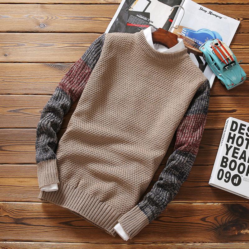 

Colorblock Winter Sweater Men O-neck Thick Warm Casual Sweaters Mens Knitted Contrast Patchwork Pullover Striped Male Outwear, Camel