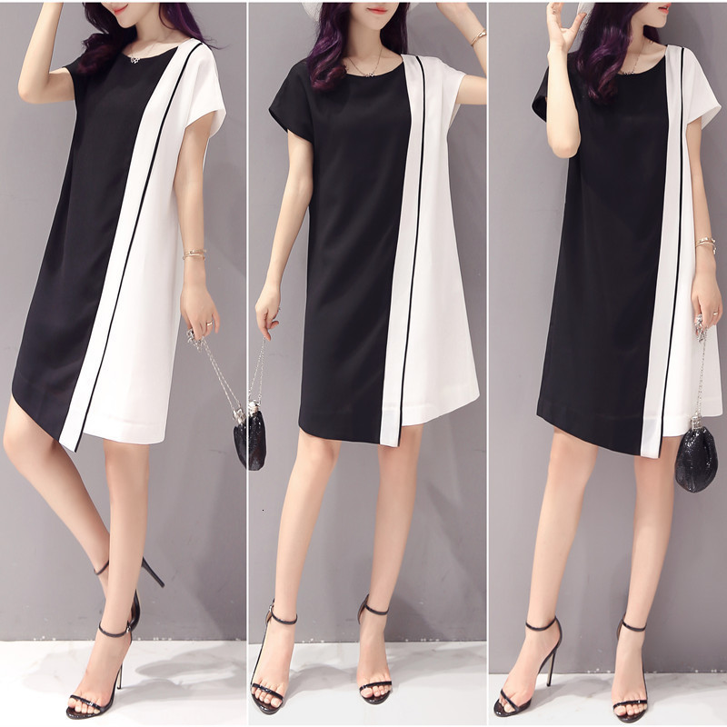

2021 Summer New Version Women' Clothes of Large Size Thin Body Colour Amend Short Sleeves Female Dress XPUI, Black and white.