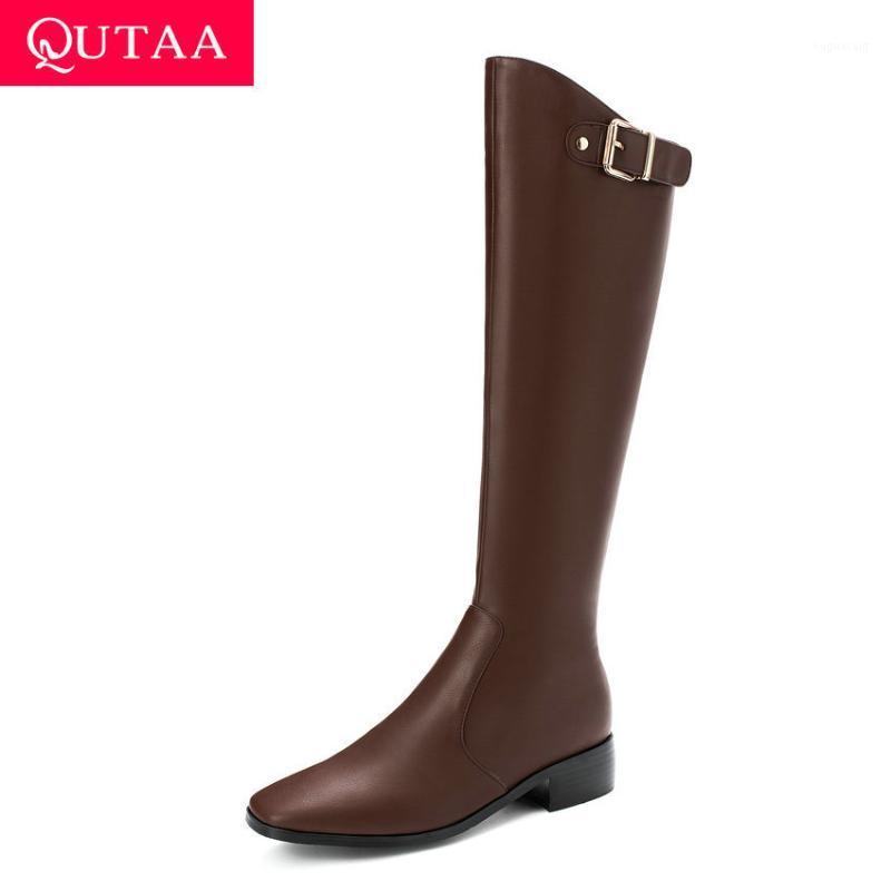 

QUTAA 2020 New Autumn Winter Fashion Square Heel Retro Square Toe Women Shoe PU Leather Zipper Concise Knee High Boots Size34-431, Black