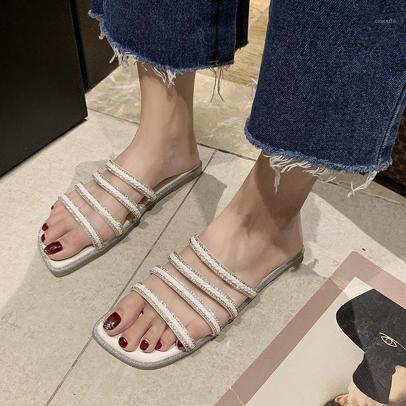 

Black White Flat Slippers Women Crystal Narrow Band Open Toe Slides Summer Soft Sole Slippers Outdoor Beach Slides Women 20201