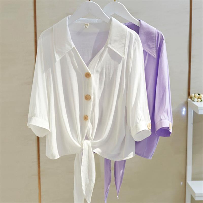 

Women's Blouses & Shirts Short Sleeve White Women 2022 Summer Buttoned Up Shirt Top Tied Waist Elegant Cropped Loose Blouse Tops