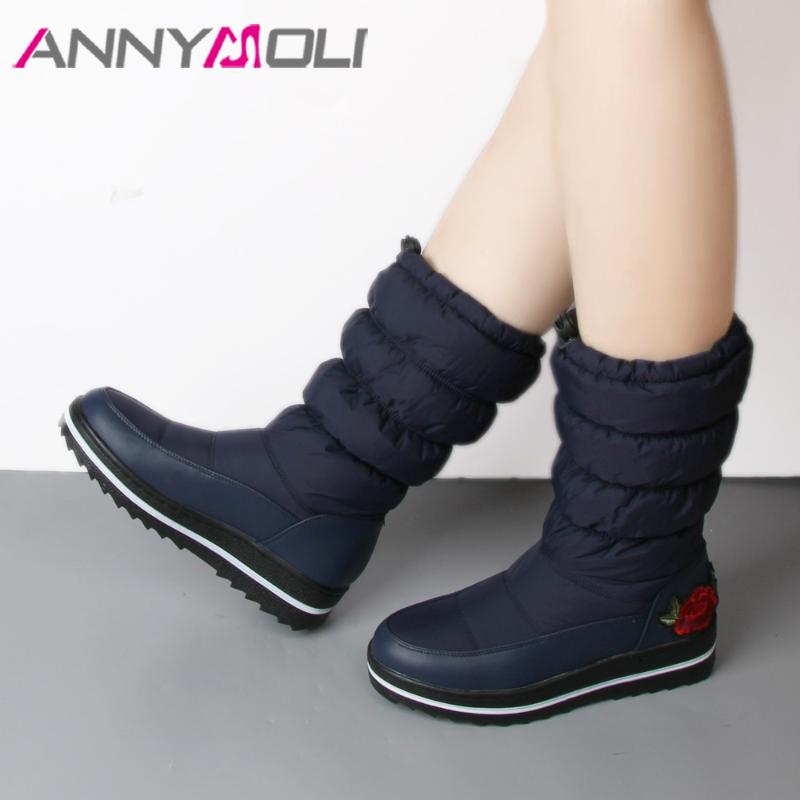

ANNYMOLI Winter Snow Boots Mid Calf Boots Women Embroider Elastic Band Platform Plush Warm Female Shoes Blue Black 35-44