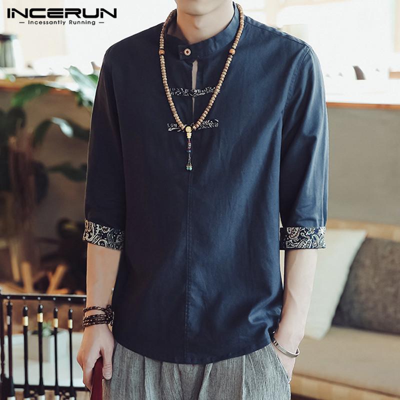 

INCERUN Retro Floral Shirts Men White Shirt Dress Stand Collar Button Decor 3/4 Sleeve Hombre Camisa Masculina Shirts 5XL Autumn, Beige