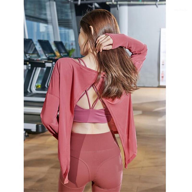 

Sexy Back Split Yoga Top T Shirt Women Gym Sport Shirt Breathable Loose Long Sleeve Fitness Running Yoga Tee Femme1, Black