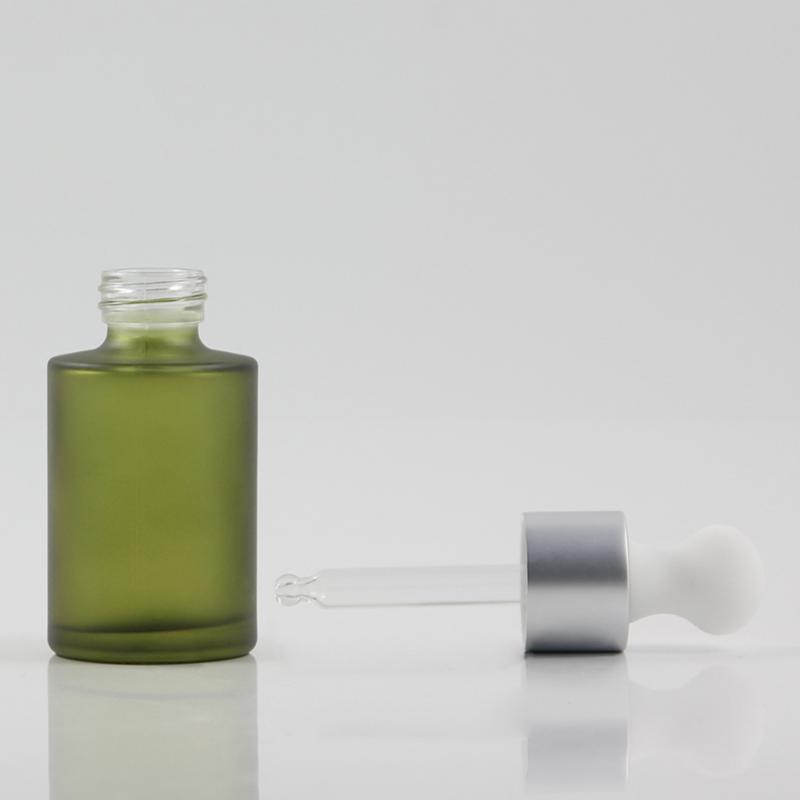

Wholesale glass bottle with dropper cap 30ml round frosted green glass packaging