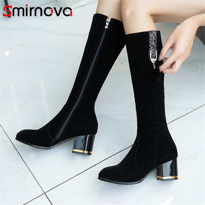 

Smirnova 2020 new arrival knee high boots women flock zip high heels party wedding shoes autumn winter long boots woman1, Black